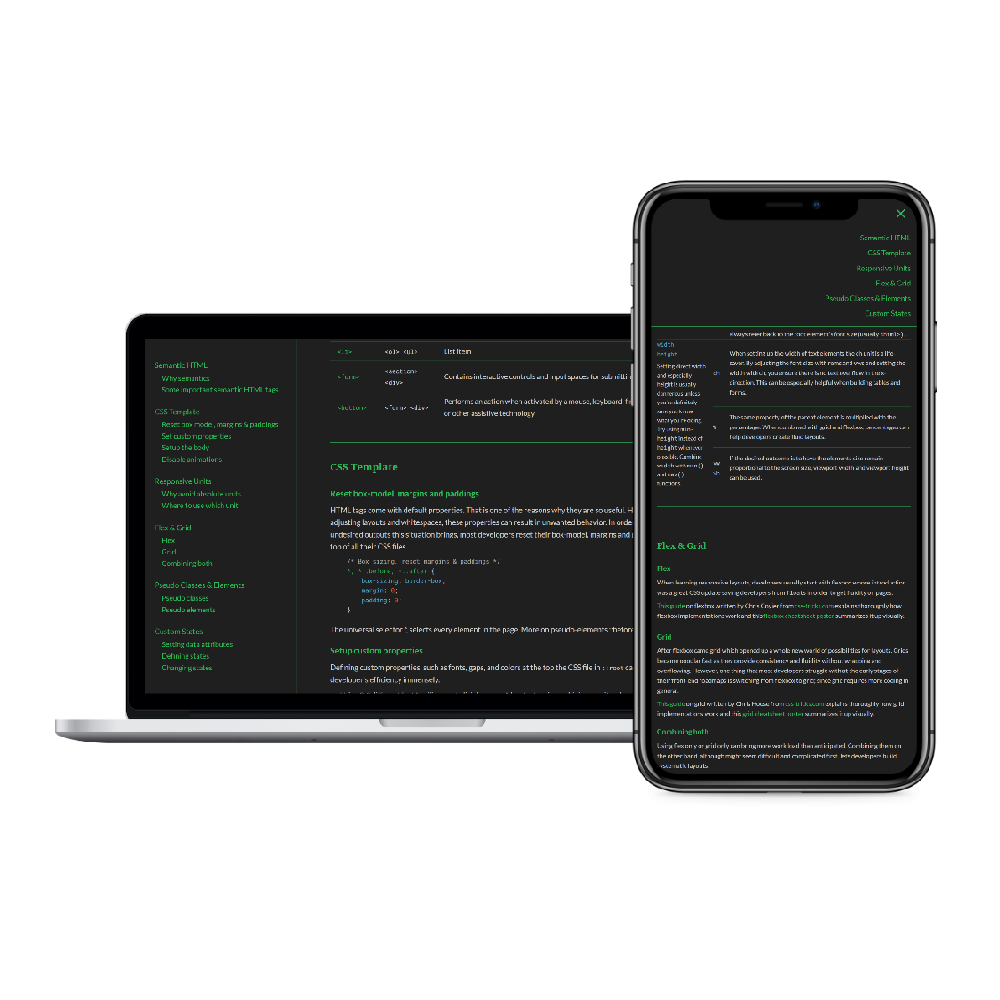 Mobile and laptop screenshots of web development documentation